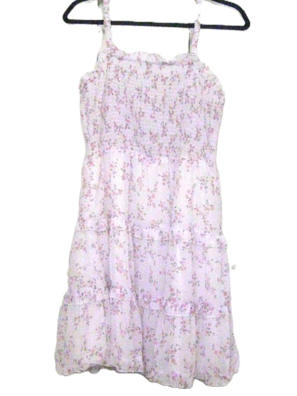 Smocked Dress White, Pink Flowers  Spaghetti Straps  Feminine!  Size L   NEW